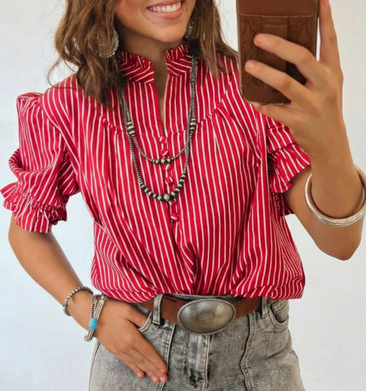 Women's Red and White Striped Shirt