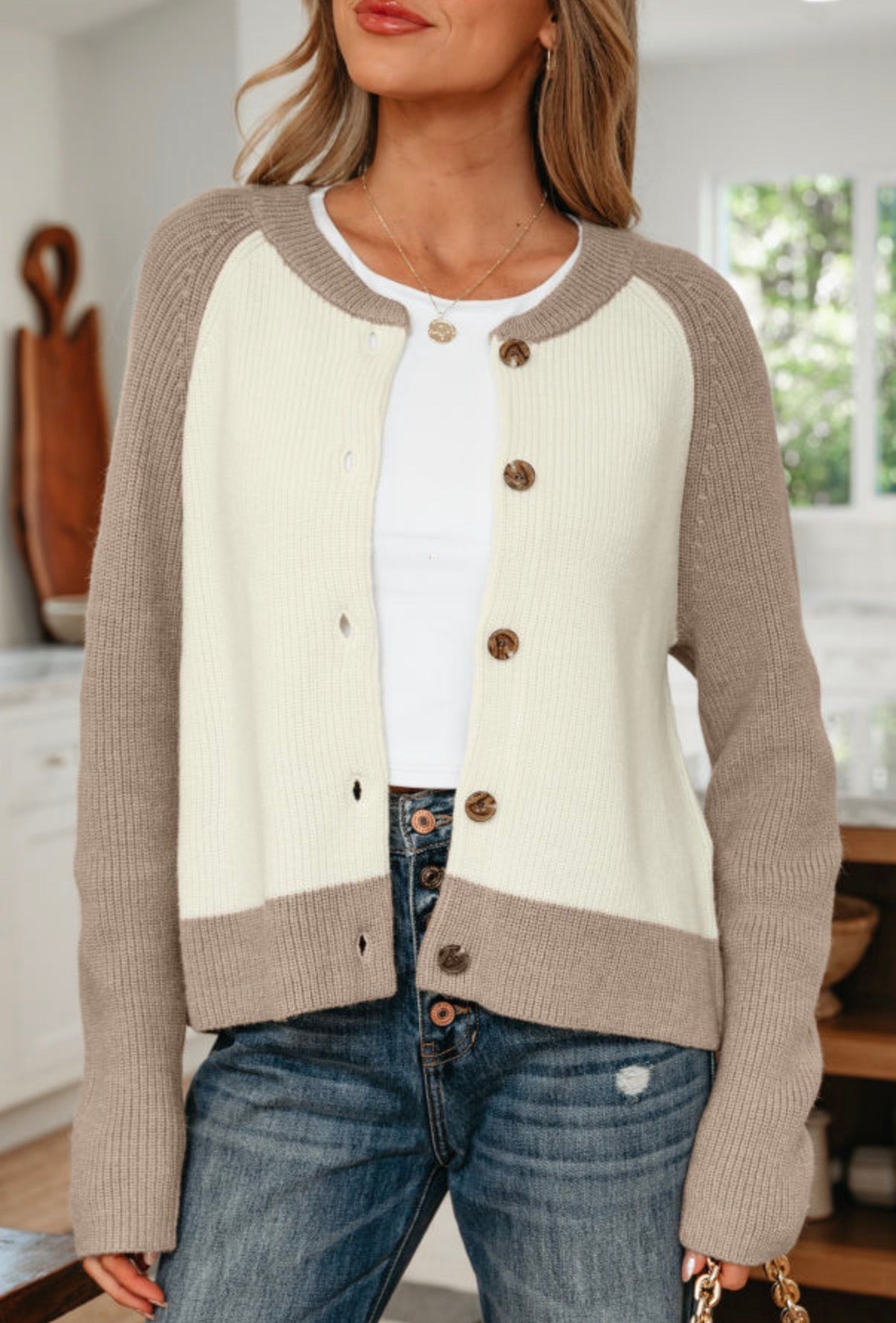 Women's Cream and Mushroom Cardigan