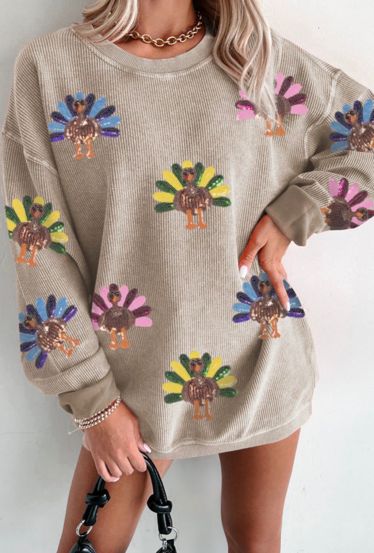 Women's Ribbed Sequin Turkey Sweatshirt