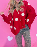 Women's Slouchy Red and White Polk a Dot Cardigan