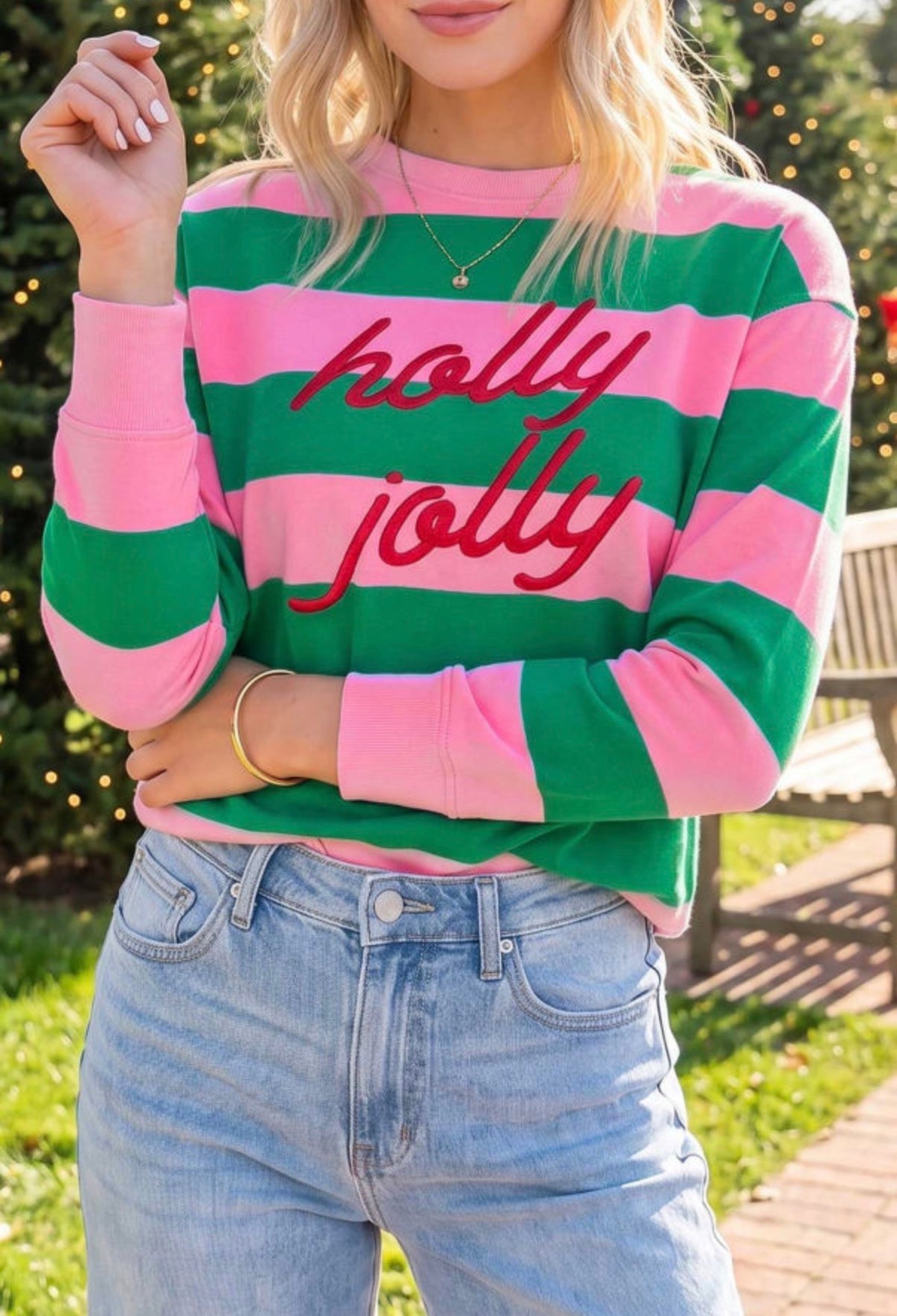 Women's Green and Pink Stripe Holly Jolly Embroidered Sweatshirt