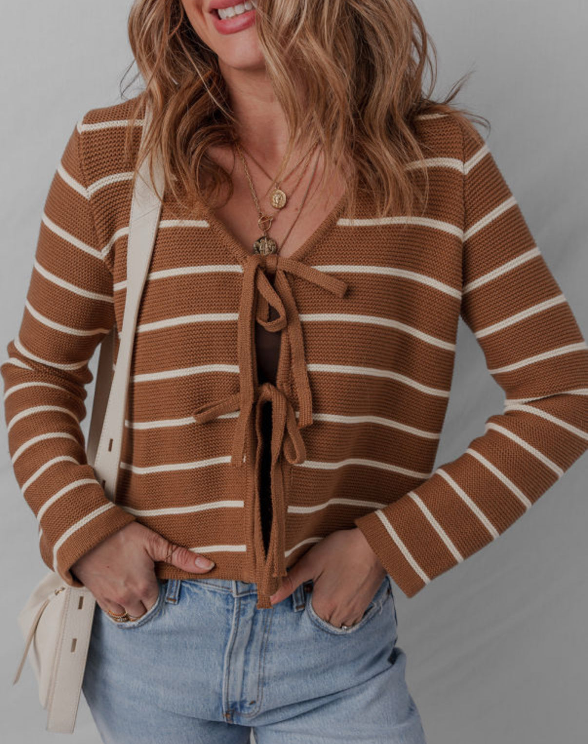 Women's Brown and White Tie Cardigan