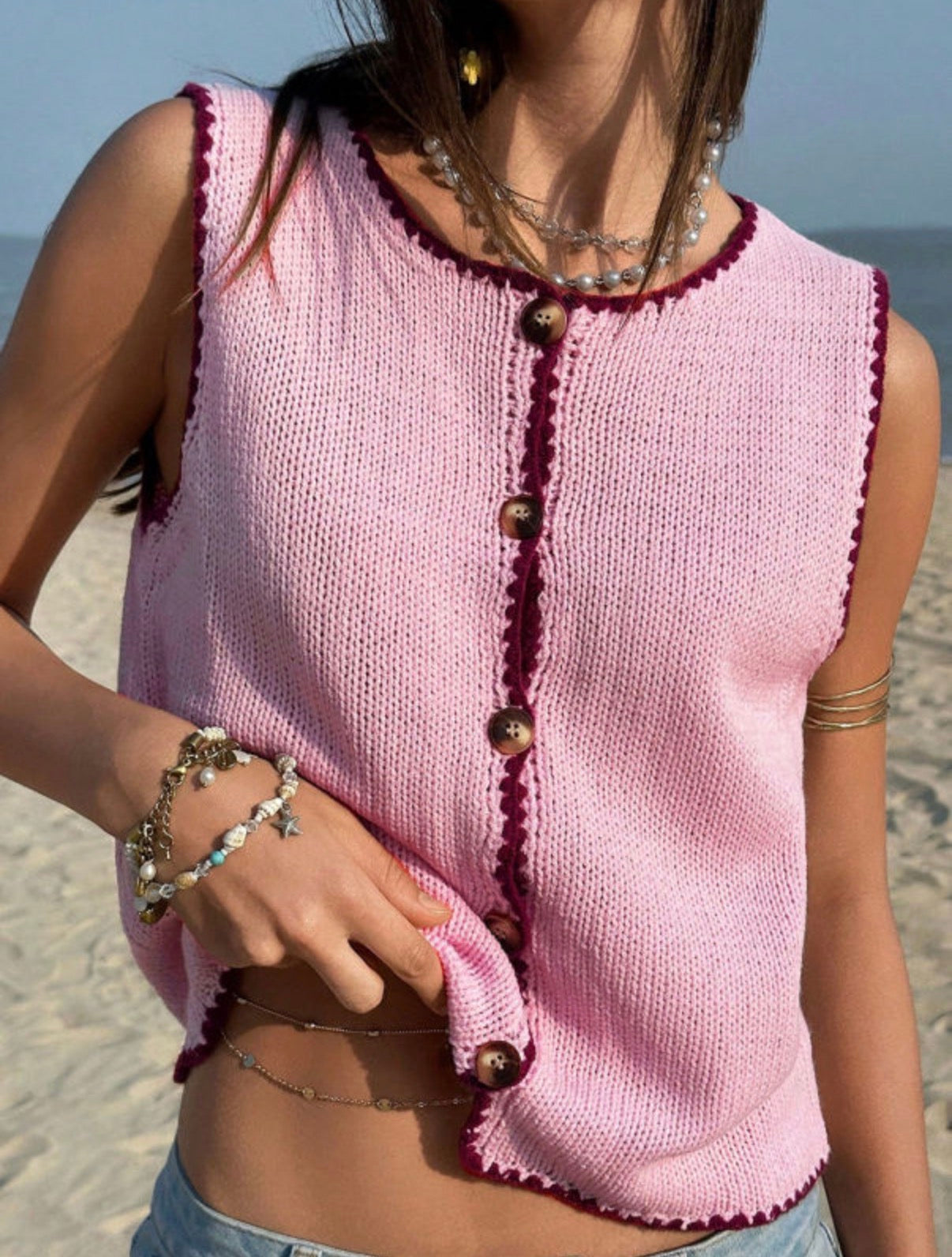 Women's Pink Sweater with Maroon Trim