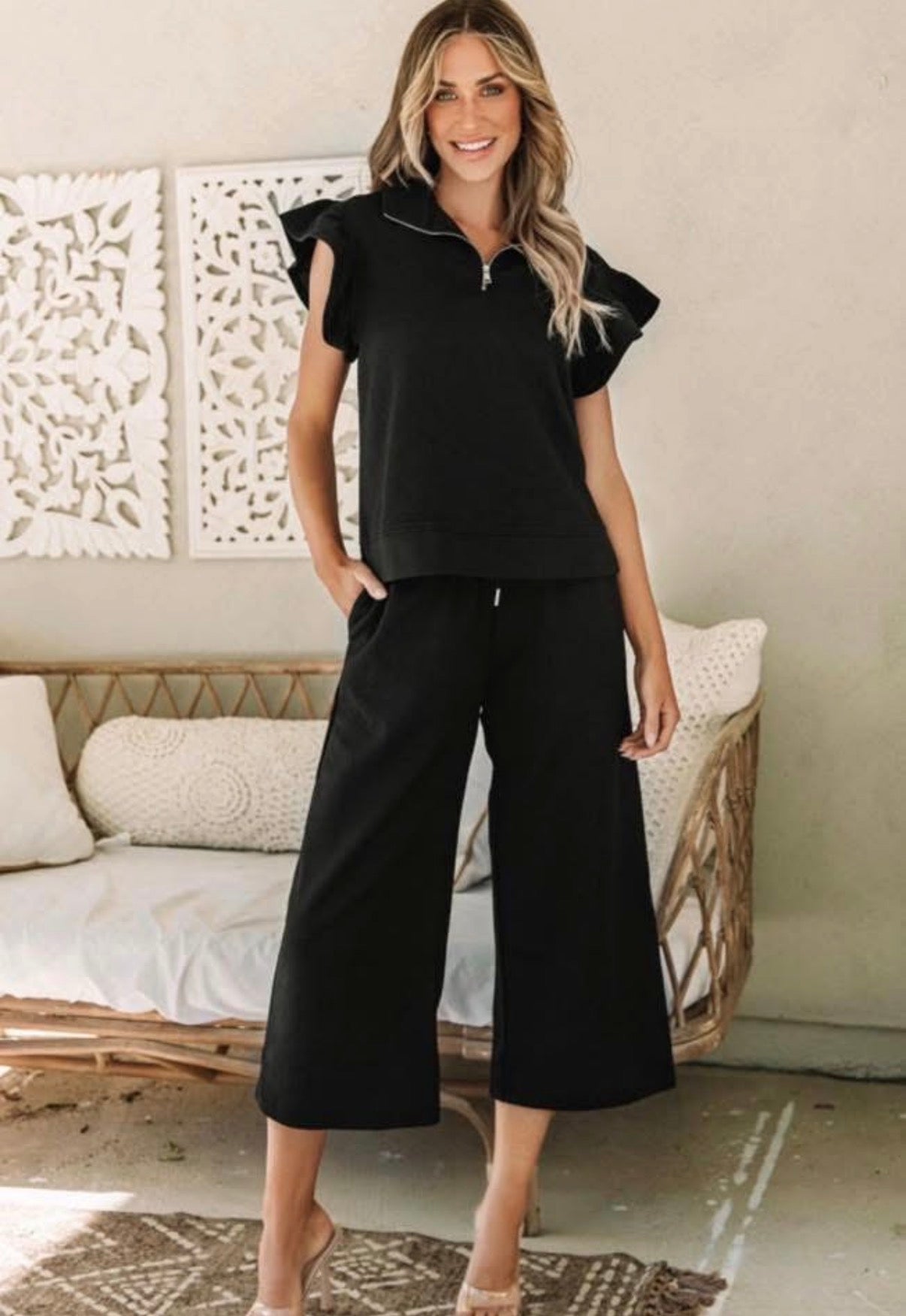 Women's Black Flutter Sleeve Pant Set