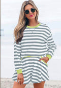 Women's Grey and White Striped Set with Green Trim