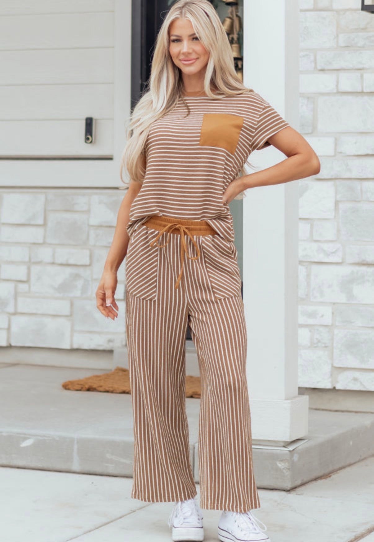 Women's Caramel and White Striped Pant Set