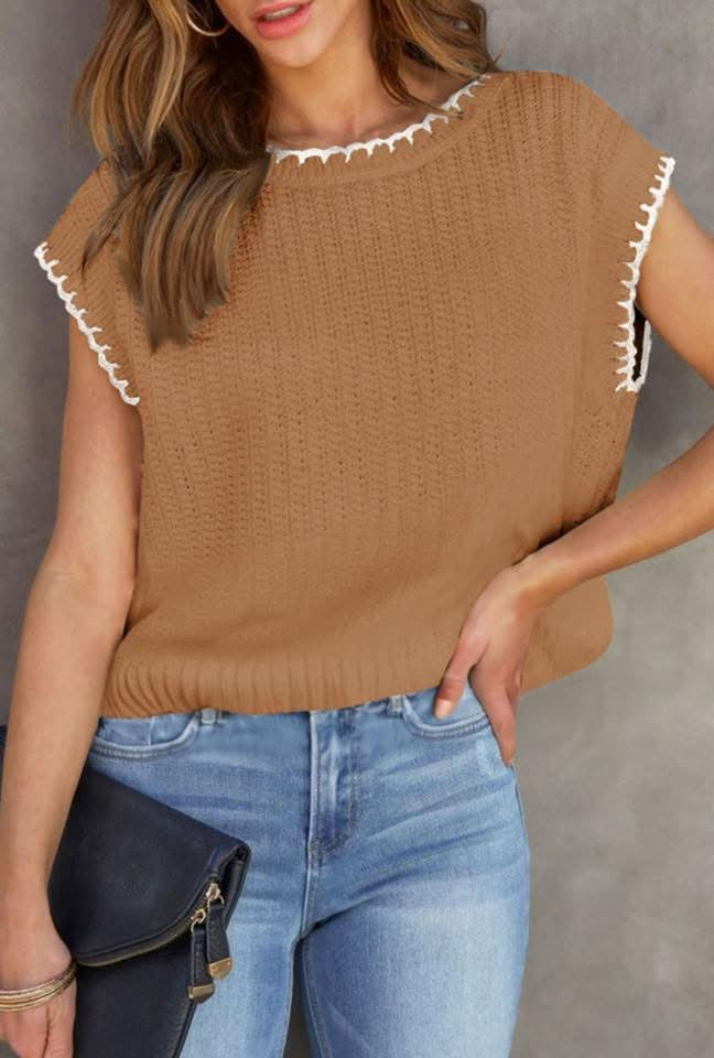 Women's Caramel Sweater with White Trim