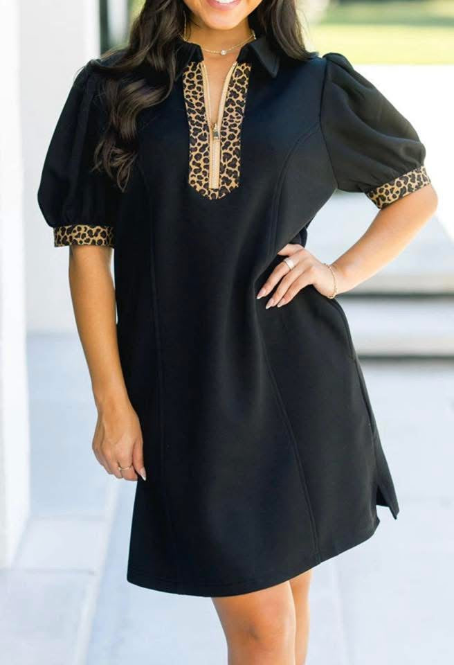 Women's Black Dress with Cheetah Trip