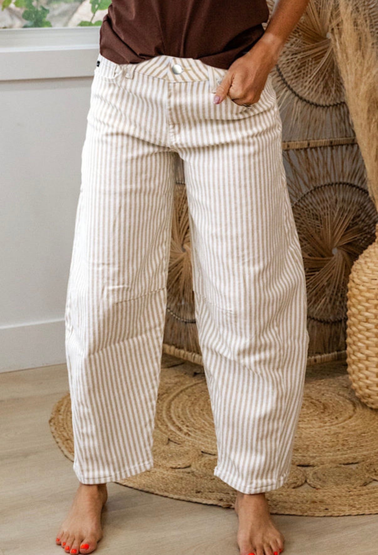 Women's Tan and White Striped Jeans