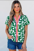 Women's Green Swirl Shirt with Pink and Orange Trim