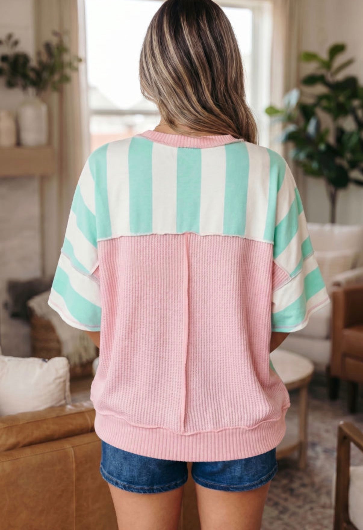 Women's Green and White Striped Shirt
