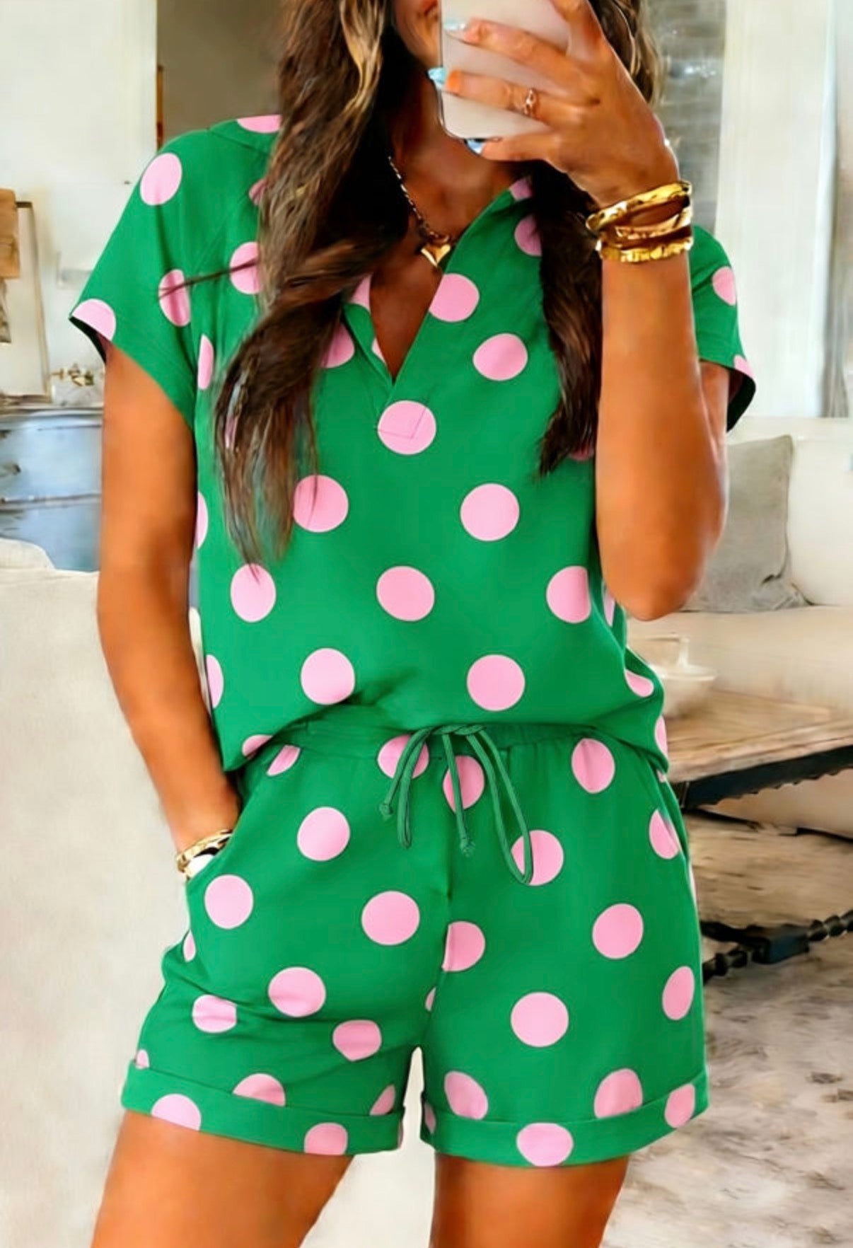 Women's Green and Pink Polka Dot Set