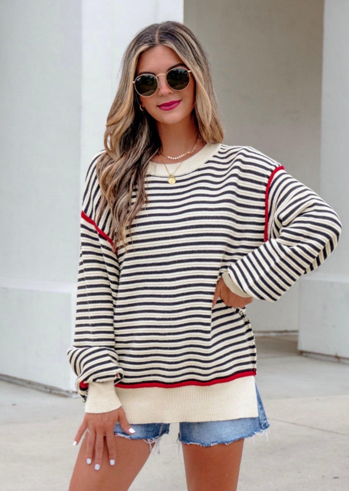 Women's Black and White Shirt with Red Trim