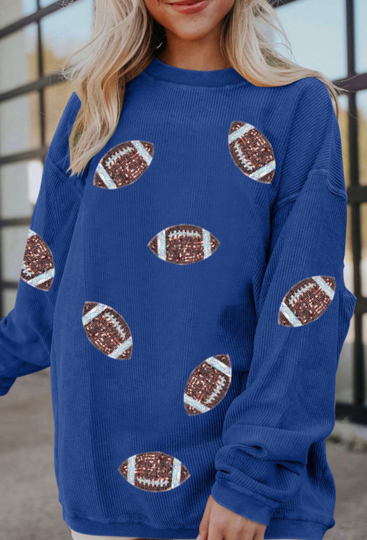 Women's Blue Sequin Football Sweatshirt