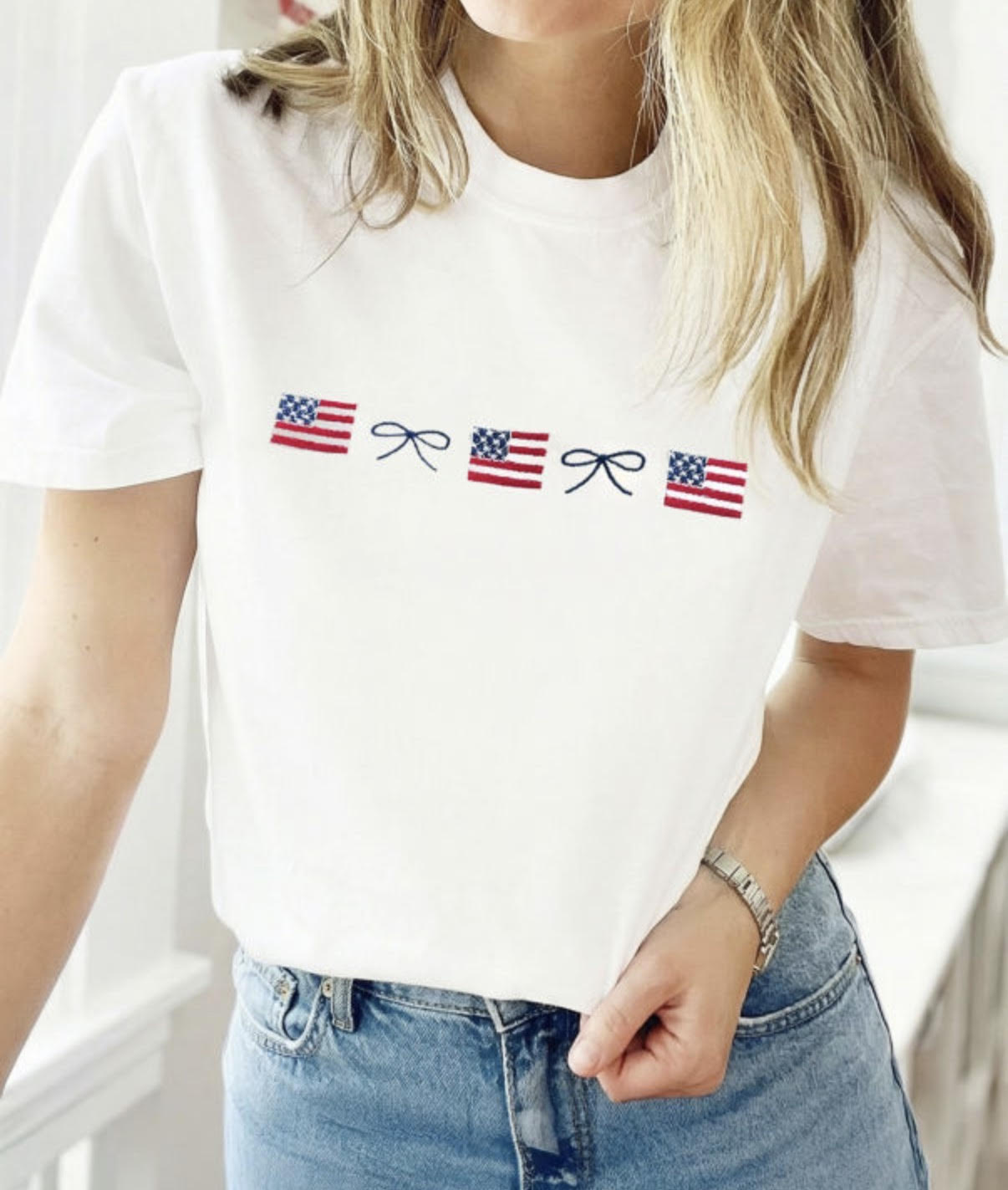 Women's Embroidered Bow and Flag Shirt