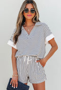 Women's White and Black Striped with V Neck Set