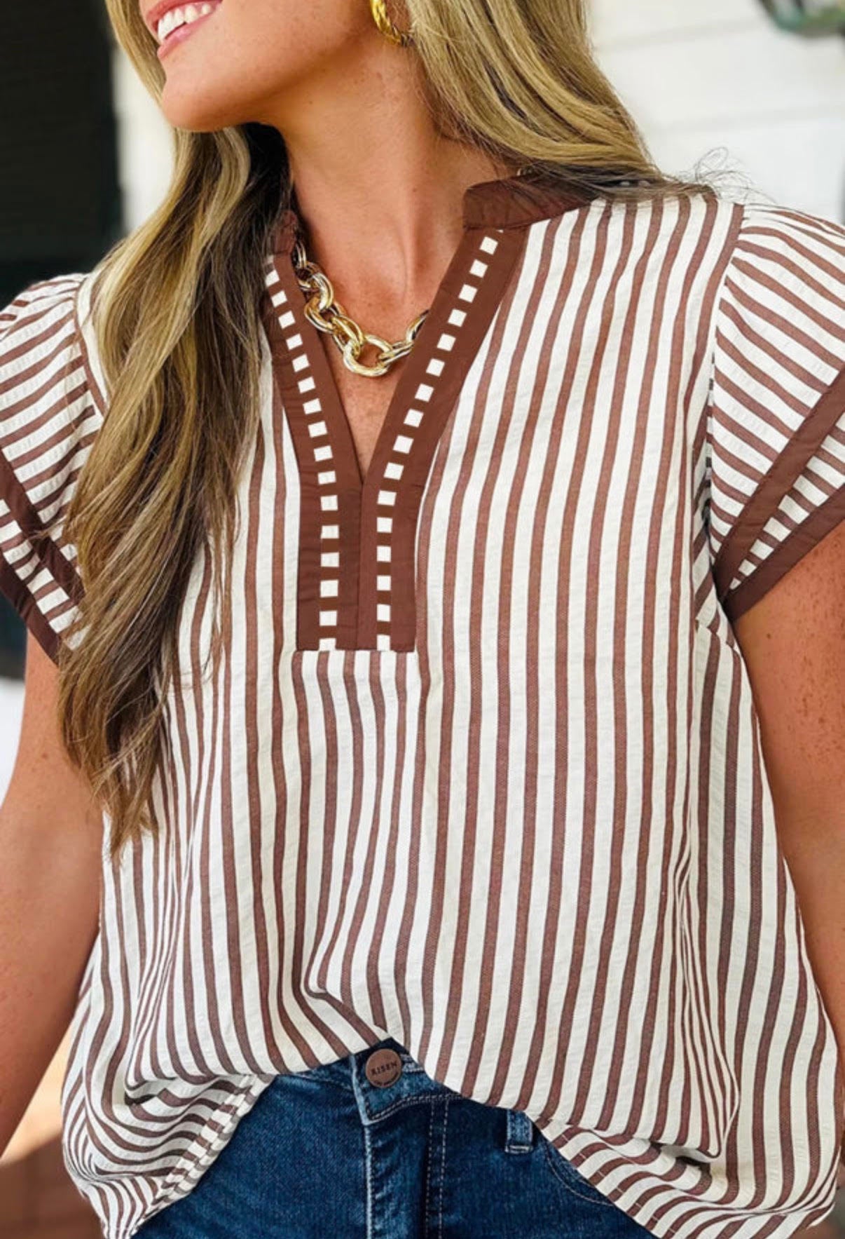 Brown and white stripe flutter sleeve shirt